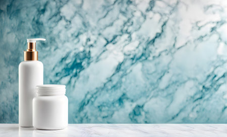 Empty table with beauty products, ideal template or mockupの素材