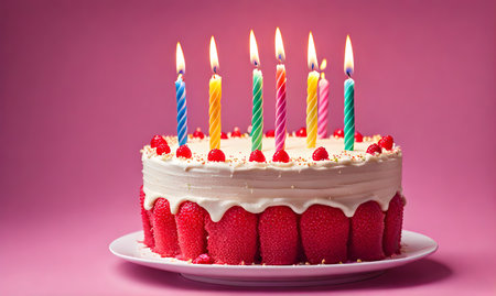 Birthday joy: Celebratory cake with glowing candlesの素材