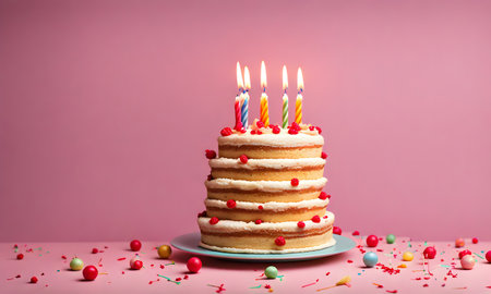 Birthday joy: Celebratory cake with glowing candlesの素材