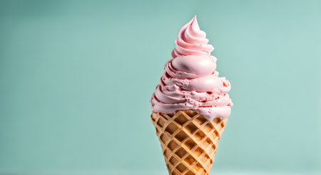 Ice cream delight: Waffle cone with creamy goodness over a solid backgroundの素材
