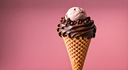 Ice cream delight: Waffle cone with creamy goodness over a solid backgroundの素材