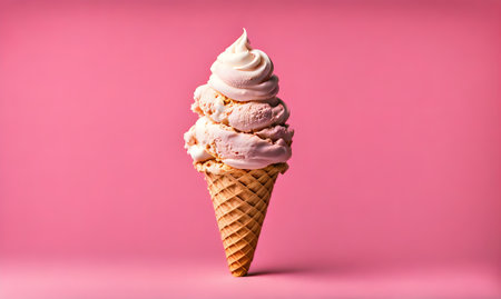 Ice cream delight: Waffle cone with creamy goodness over a solid backgroundの素材