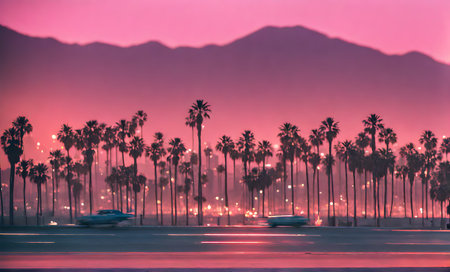 California sunset: Silhouetted palm shapes in vibrant huesの素材