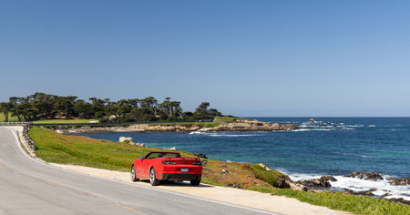 A captivating coastal landscape featuring the majestic ocean along the scenic 17-Mile Drive in Californiaの写真素材