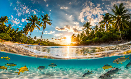 Underwater magic: Split view of sunlit sea and vibrant underwater scene with colorful fishesの素材