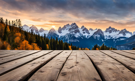 Winter serenity: Empty wooden table with snowy mountain backdrop. Template for your productの素材