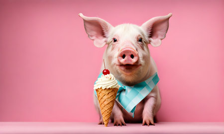 Playful pig: Adorable piglet enjoying a tasty ice cream treatの素材