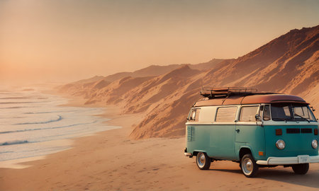 California dreamin': Sunset vibes vacation with a classic 70s carの素材