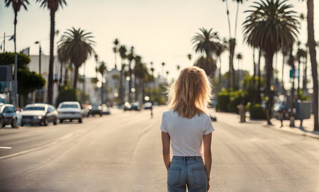 Retro stroll: Woman down the 60s California street in vintage vibesの素材
