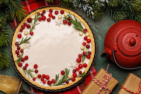 Festive indulgence: Christmas cake adorned with berries and rosemaryの写真素材