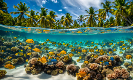 Underwater magic: Split view of sunlit sea and vibrant underwater scene with colorful fishesの素材