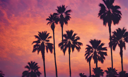 California sunset: Silhouetted palm shapes in vibrant huesの素材