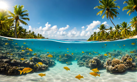 Underwater magic: Split view of sunlit sea and vibrant underwater scene with colorful fishesの素材