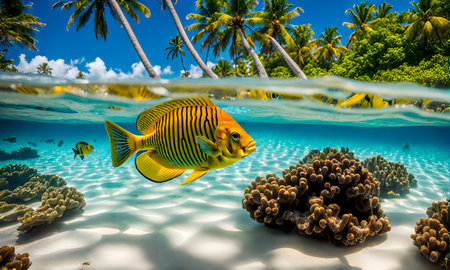 Underwater magic: Split view of sunlit sea and vibrant underwater scene with colorful fishesの素材