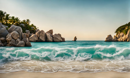 Tropical paradise: Beach, palms, and serene sea viewの素材