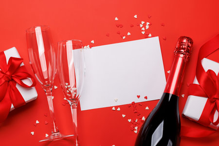 Champagne and gift: Celebratory duo on a red background with text space. Valentines day greeting cardの写真素材