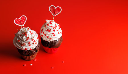 Cupcake love: Heart-themed treats on a vibrant red backdrop with copy space for your Valentines day greetingsの写真素材