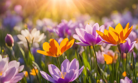 Sunny spring field: Vibrant flowers under the sun's warmthの素材