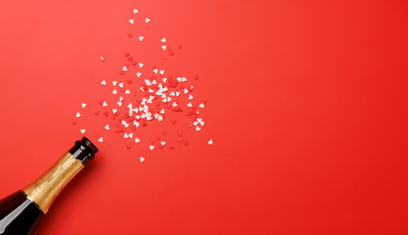 Valentine's sparkle: Champagne bottle on red background, greeting card template. Flat lay with copy spaceの写真素材