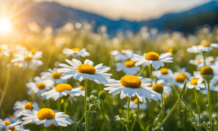 Sunny spring field: Vibrant camomile flowers under the sun's warmthの素材