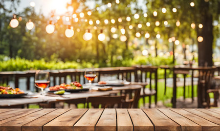 Grill party backdrop: An inviting table awaits amid the sizzling delights and festive vibesの素材