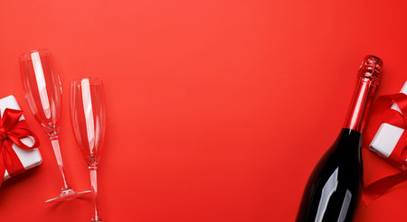 Champagne and gift: Celebratory duo on a red background with text space. Valentines day greeting cardの写真素材