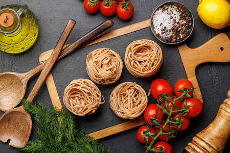 Cooking scene: Cherry tomatoes, pasta, spices on table. Flat layの写真素材