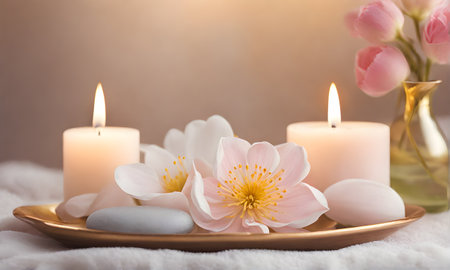 Tranquil spa ambiance with flowers, massage oils, candles, and soft towelsの素材