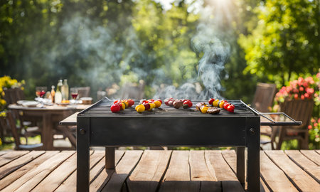 Summer feast: Grill party joy with tasty BBQ, laughter, and good vibesの素材