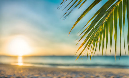 Serene summer beach scene with palm leaves, sand, and tranquil seaの素材