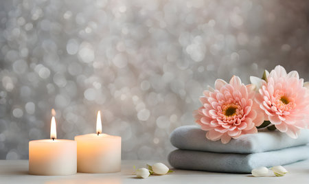 Tranquil spa ambiance with flowers, massage oils, candles, and soft towelsの素材