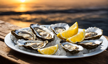 Plate of freshly shucked oysters on ice with lemon wedge on tableの素材