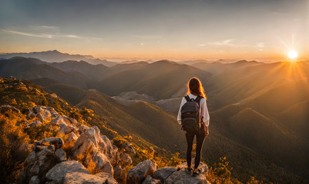 Girl in adventure attire stands at cliff edge, overlooking vast canyon, backpack strappedの素材