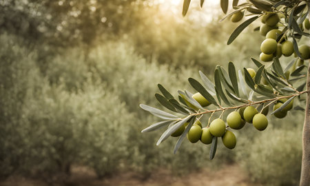 Olive branch with ripe olives in sunlight, garden in soft bokeh backgroundの素材