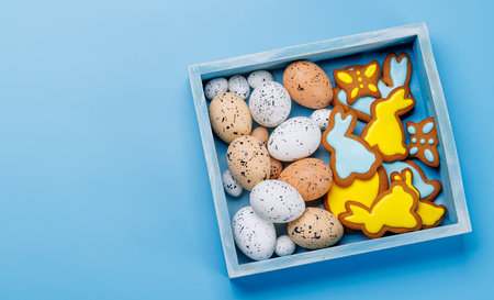 Easter delights: Colorful eggs and gingerbread cookies in a box. Flat lay with copy space