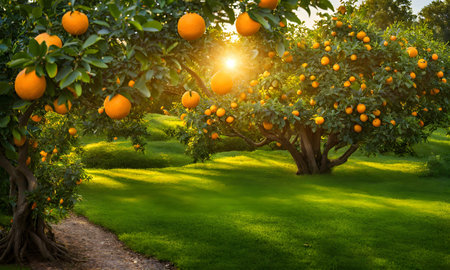 Abundant orange tree with ripe oranges in focus foreground, garden setting background artfully blurredの素材