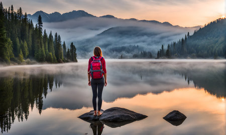 Backpack-adorned girl standing at the edge of serene mountain lake, reflection of the surrounding landscapeの素材