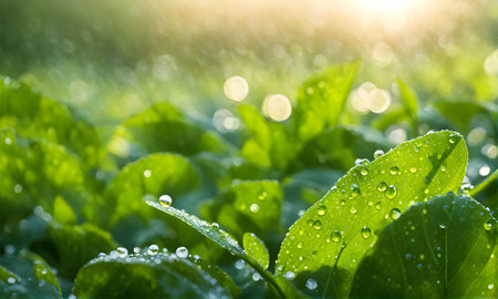 Macro shot of fresh green leaves adorned with sparkling dewdropsの素材