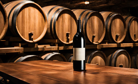 Rustic wooden table with bottle of wine, surrounded by stacked oak barrelsの素材