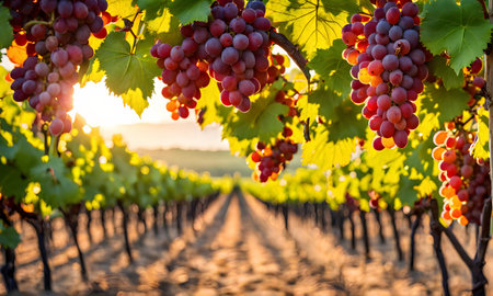 Sunny vineyard with clusters of ripe grapes in focus, softly blurred backgroundの素材