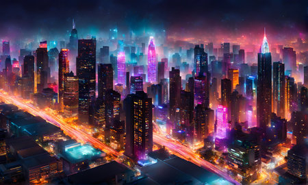 Abstract cityscape at night with futuristic financial elements blending into urban skylineの素材