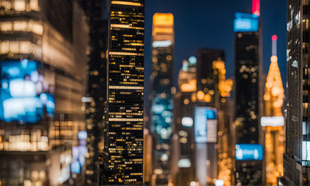 Abstract cityscape at night with futuristic financial elements blending into urban skylineの素材