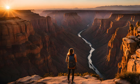 Girl in adventure attire stands at cliff edge, overlooking vast canyon, backpack strappedの素材