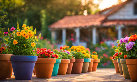 An array of terracotta flowerpots cradling an assortment of colorful flowers, captured with a shallow depth of field, providing a blurred backgroundの素材