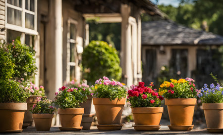 An array of terracotta flowerpots cradling an assortment of colorful flowers, captured with a shallow depth of field, providing a blurred backgroundの素材