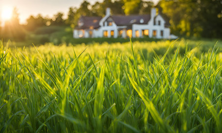 Wide meadow of vibrant green grass, focus on lush blades in foreground, country house in the backgroundの素材