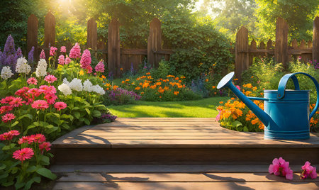 A watering can and rubber boots amidst a flourishing garden, with dew on grass blades and vibrant blossomsの素材