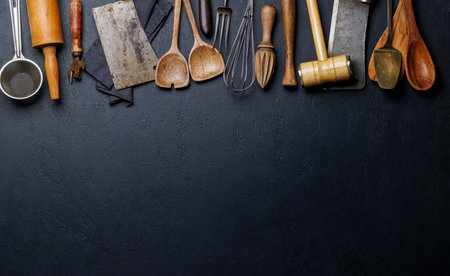 Culinary essentials: Diverse cooking utensils on stone table. Flat lay with copy space