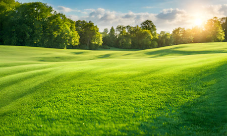 Wide lawn trimmed with precision under a blue sunny sky, copy space for textの素材