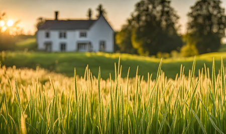 Foreground of vibrant green grass covering a wide meadow, focus sharpened on the grass bladesの素材